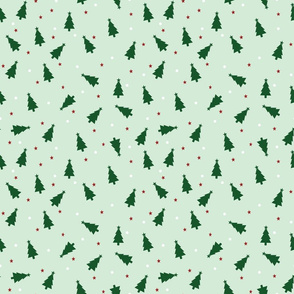 Christmas Trees with White Dots  and Stars Simple Repeat on Mint