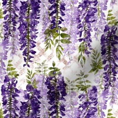 Wisteria on Trellis - small scale - purple vines, climbing plants, purple flowers, modern floral 