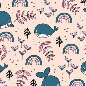 Cute little baby whale deep sea ocean design with rainbows and coral peach pink blue girls 
