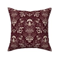 Mushroom forest damask wallpaper burgundy 