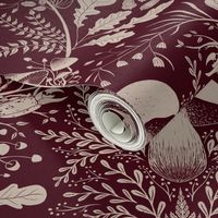 Mushroom forest damask wallpaper burgundy 