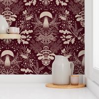 Mushroom forest damask wallpaper burgundy 