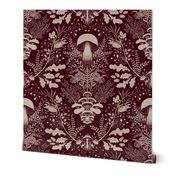 Mushroom forest damask wallpaper burgundy 