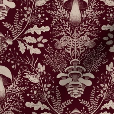 Mushroom forest damask wallpaper burgundy 