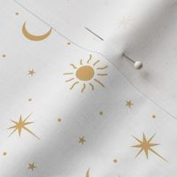 Mystic Universe sun moon phase and stars sweet dreams night ochre yellow gold white