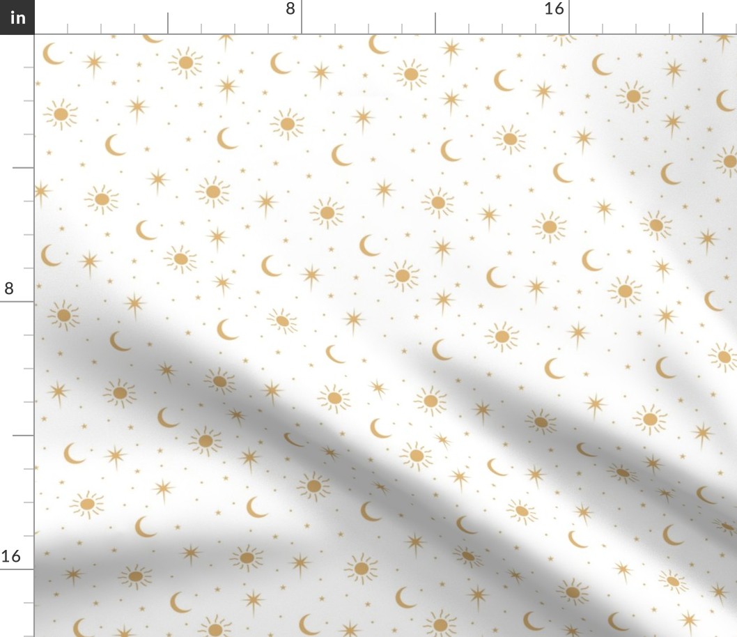 Mystic Universe sun moon phase and stars sweet dreams night ochre yellow gold white