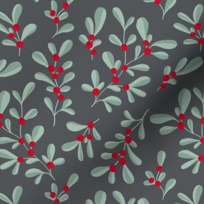 Little mistletoe garden minimal botanical berries and leaves Christmas design white green red charcoal gray night