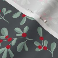 Little mistletoe garden minimal botanical berries and leaves Christmas design white green red charcoal gray night