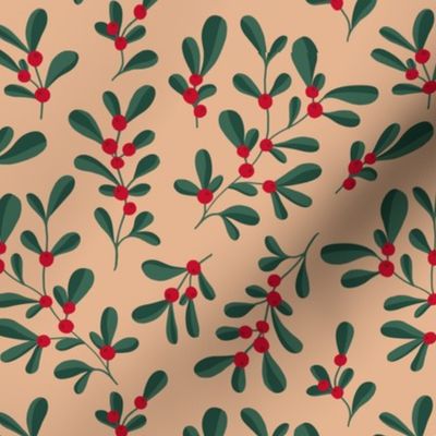 Little mistletoe garden minimal botanical berries and leaves Christmas design caramel green red beige