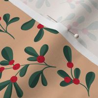 Little mistletoe garden minimal botanical berries and leaves Christmas design caramel green red beige