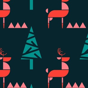 Scandinavian Reindeer in woodland- Abstract Geometric Doe with Christmas Trees- Dark Blue/Teal/Coral/Light Watermelon Pink- Large Scale