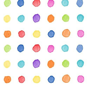 Rainbow Watercolor Dots (large scale) | Bright and colorful watercolor fabric, hand painted multicolor polka dots, dotty rainbow fabric, painted circles fabric.