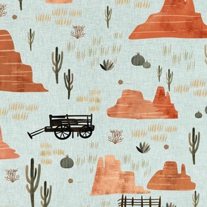 Whimsical wild west - Red canyon in blue linen Large - nursery wallpaper - western decor