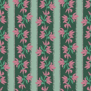 Floral stripe with vertical stripes in pink and green on white romantic cottage decor