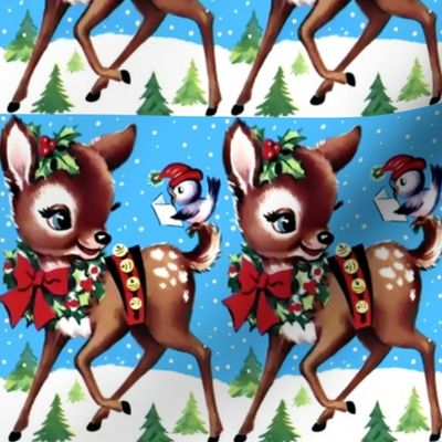 birds merry christmas xmas deer mistletoe wreaths baubles decorations bows ribbons snow trees singing carols vintage retro kitsch blue white green brown red hats adorable bells
