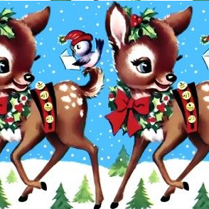 birds merry christmas xmas deer mistletoe wreaths baubles decorations bows ribbons snow trees singing carols vintage retro kitsch blue white green brown red hats adorable bells