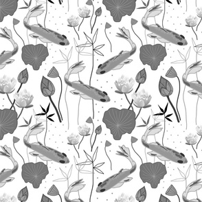 Oriental Goldfish Haven - greyscale on white, medium 