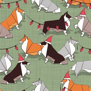 Small scale // Origami Christmas Collie friends // sage green linen texture background white orange & brown paper and cardboard dogs red ornaments