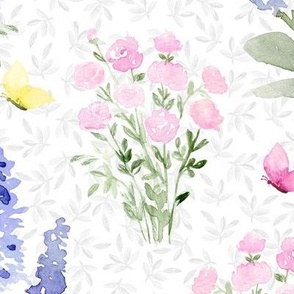 Large Watercolor Foxgloves, Roses and Butterflies on White 