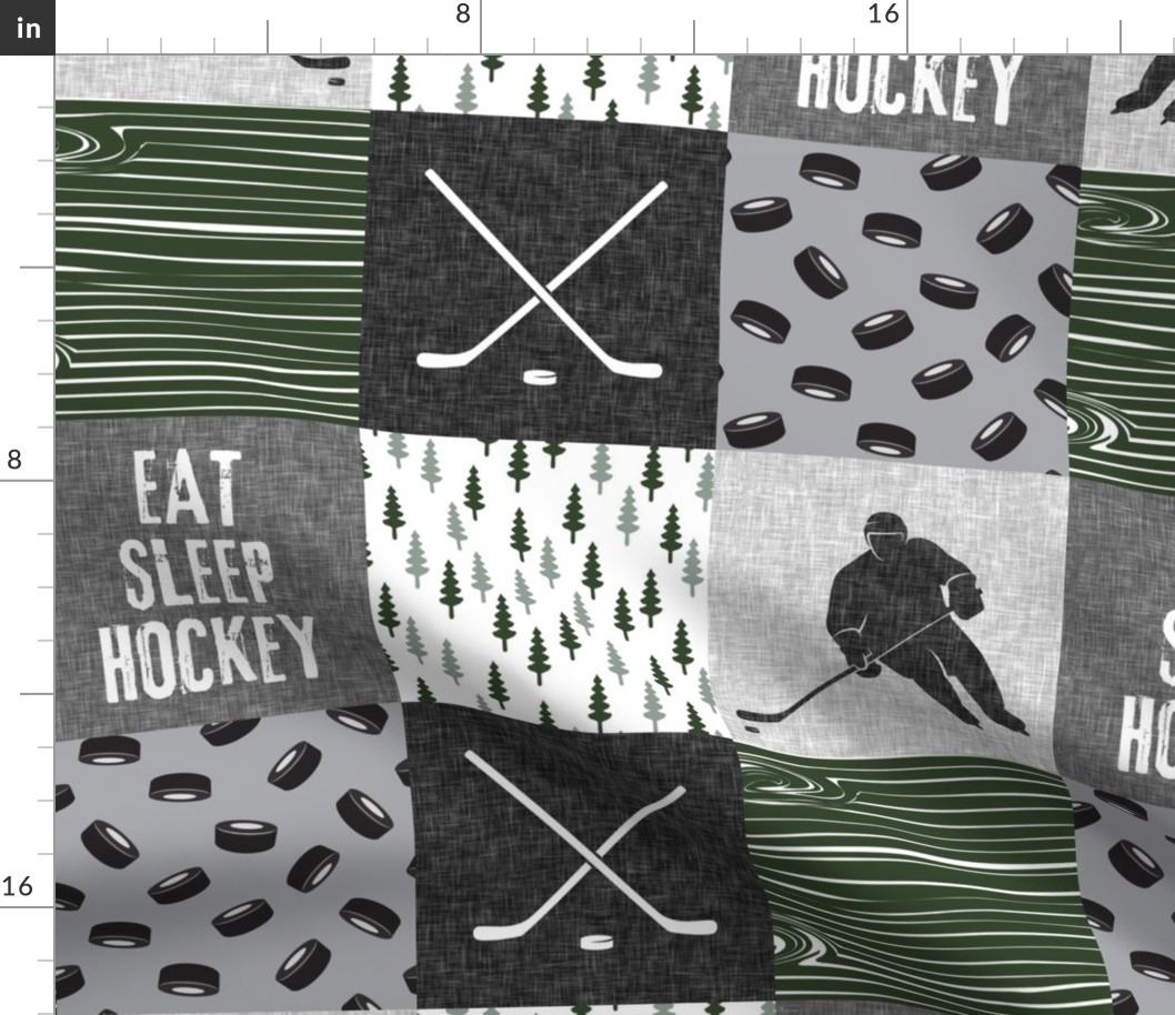Eat Sleep Hockey - Ice Hockey Patchwork - Hockey Nursery - Wholecloth grey / sage / forest  - C20BS