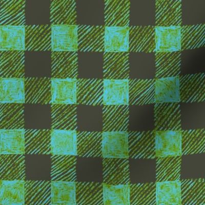 1" batik gingham - khaki, leaf green and sky blue