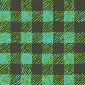 1" batik gingham - khaki, leaf green and sky blue