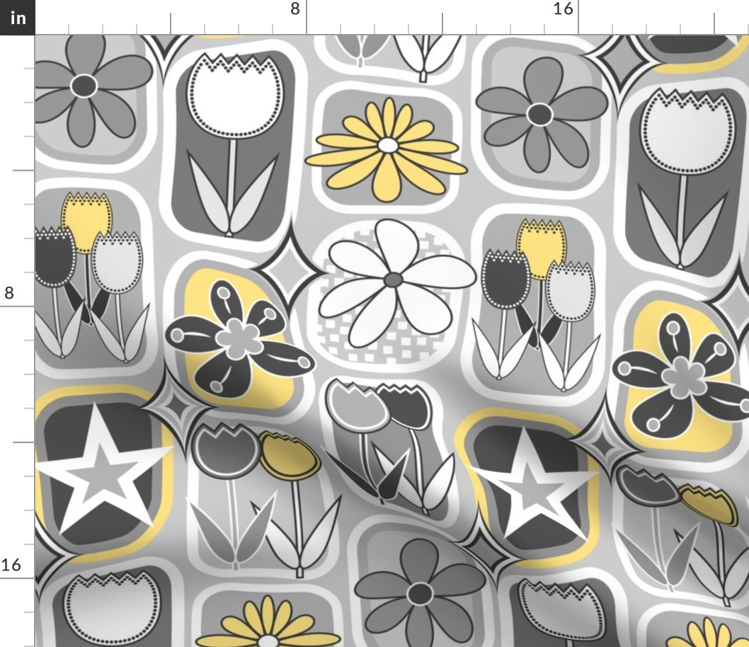 Mid Century Modern Flowers // Tulips, Daisies, Stars // Yellow, Gray and White