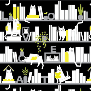Bookshelf//Library Cats//Black background