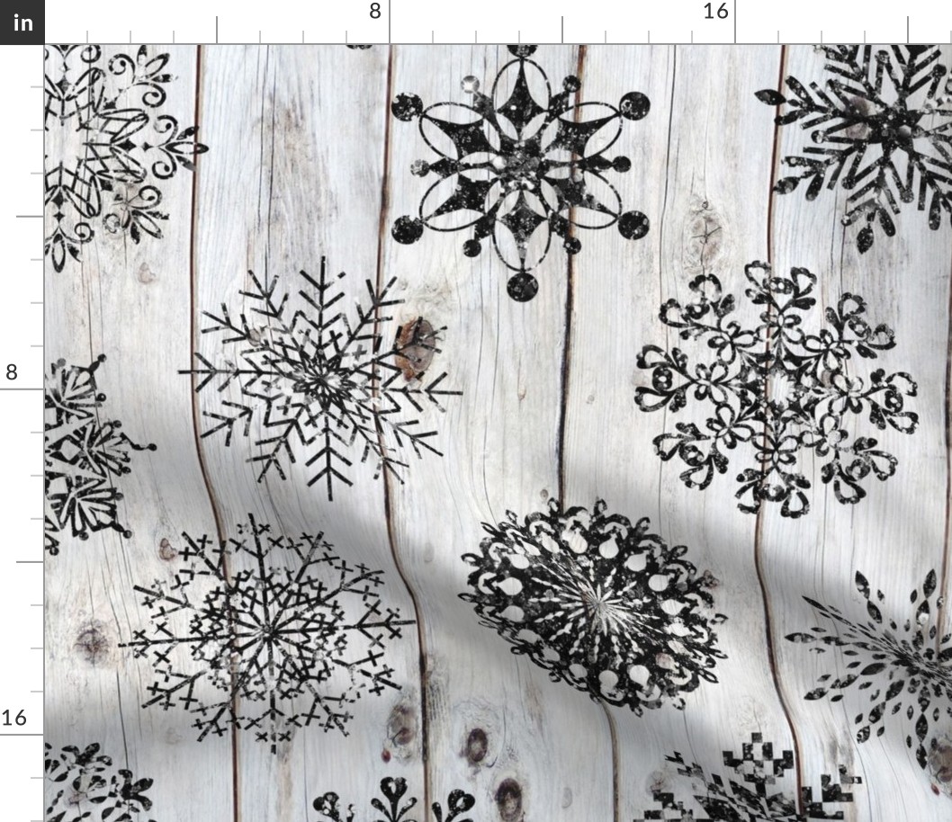 Black Glitter Snowflakes on Shiplap rotated - large scale