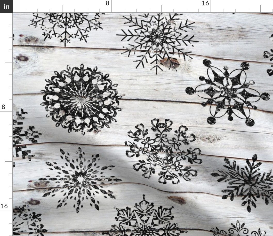 Black Glitter Snowflakes on Shiplap - large scale