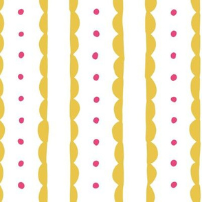 mustard yellow scalloped stripes and hot pink polka dots