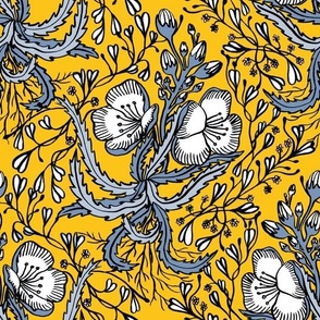 Feminine and romantic yellow and grey floral pattern for upholstery
