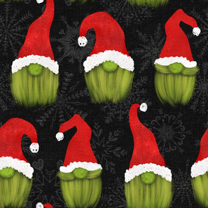 Green Christrmas Gnomes with Snowflakes on Dark Grey Linen - large scale