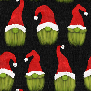 Green Christmas Gnomes on Dark Grey Linen - large scale 