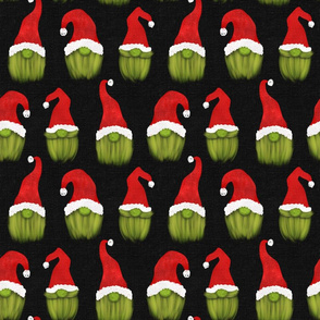 Green Christmas Gnomes on Dark Grey Linen - medium scale 