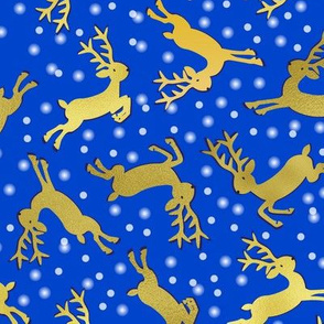 Gold Foil Leaping Reindeer Toss on Blue