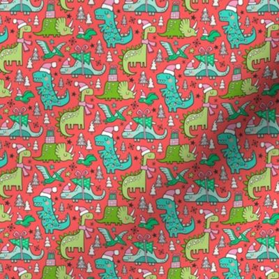 Christmas Holidays Dinosaurs & Trees on Red Smaller Tiny 1,5 inch