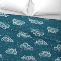 Celestial clouds Large and stars on Cerulean, Turquoise //  Verdigris  sky, nursery wallpaper, hand-drawn, whimsical, gender neutral nursery, unisex kids, baby girl, baby boy, wallpaper, baby shower, dark blue