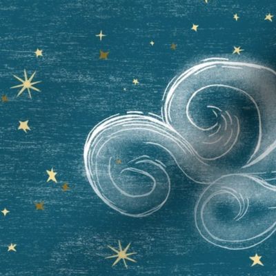 Celestial clouds Large and stars on Cerulean, Turquoise //  Verdigris  sky, nursery wallpaper, hand-drawn, whimsical, gender neutral nursery, unisex kids, baby girl, baby boy, wallpaper, baby shower, dark blue