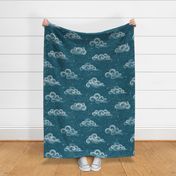 Celestial clouds Large and stars on Cerulean, Turquoise //  Verdigris  sky, nursery wallpaper, hand-drawn, whimsical, gender neutral nursery, unisex kids, baby girl, baby boy, wallpaper, baby shower, dark blue