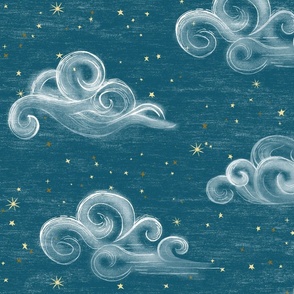 Celestial clouds Large and stars on Cerulean, Turquoise //  Verdigris  sky, nursery wallpaper, hand-drawn, whimsical, gender neutral nursery, unisex kids, baby girl, baby boy, wallpaper, baby shower, dark blue