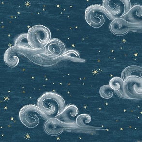 Celestial clouds Large, on dark turquoise //  cyan dark sky with stars, baby boy nursery wallpaper , hand-drawn, magical, gender neutral baby, kids wallpaper, unisex kids, baby girl, baby boy nursery, Jumbo, baby shower, dark turquoise