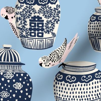 budgies and ginger jars/light blue