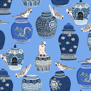 budgies and ginger jars/bright blue