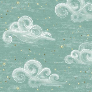 Clouds Large, on soft jade, aquamarine, verdigris sky with stars, nursery wallpaper,  hand-drawn, whimsical, gender neutral baby nursery wallpaper, unisex kids, baby girl, baby boy, Jumbo baby shower, light aqua
