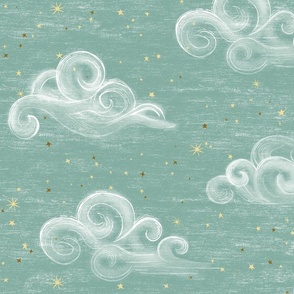 Celestial clouds Large, on soft jade //  aquamarine, verdigris sky with stars, nursery wallpaper,  hand-drawn, whimsical, gender neutral baby nursery wallpaper, unisex kids, baby girl, baby boy, Jumbo baby shower, light aqua