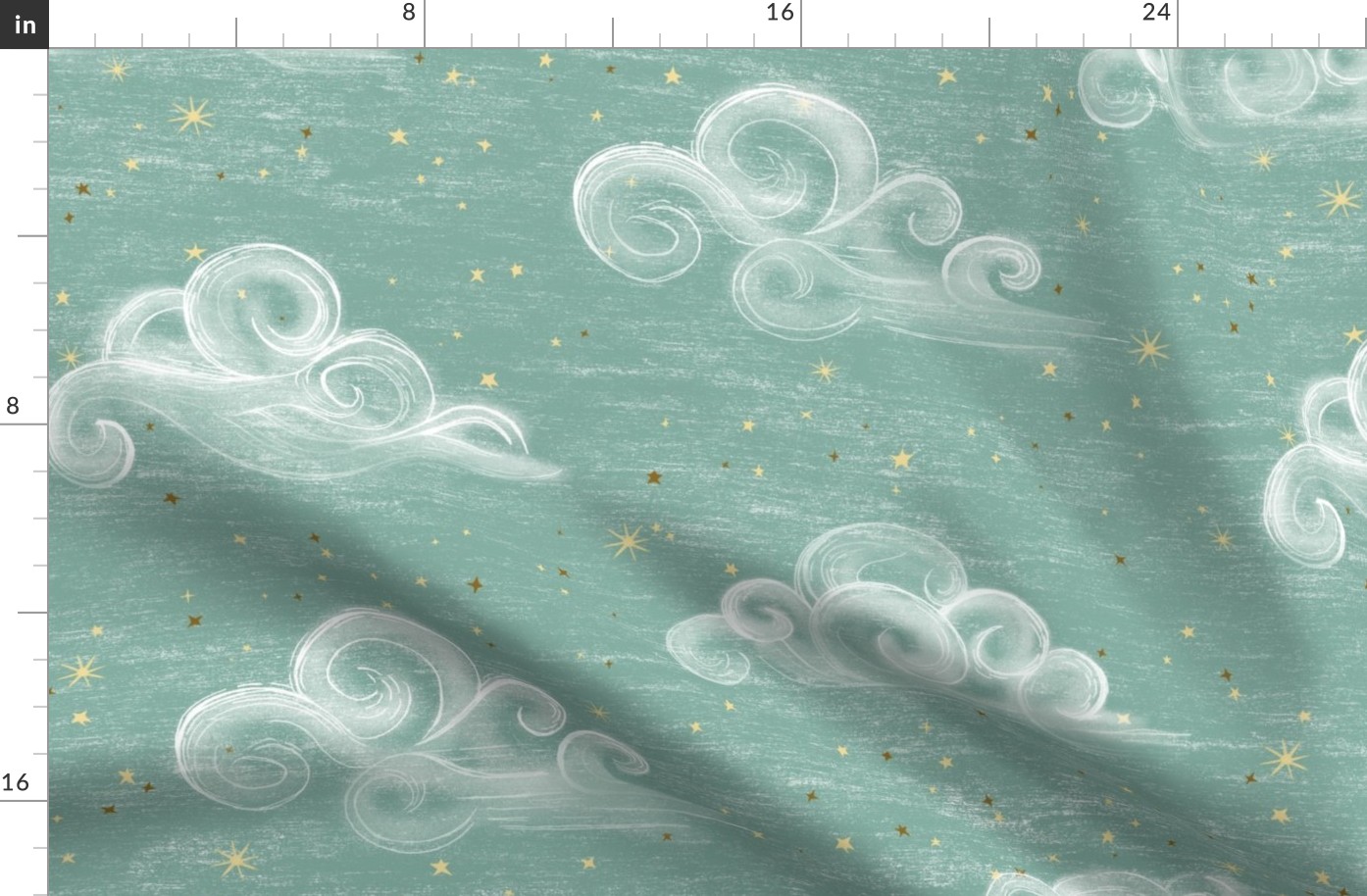 Celestial clouds Large, on soft jade //  aquamarine, verdigris sky with stars, nursery wallpaper,  hand-drawn, whimsical, gender neutral baby nursery wallpaper, unisex kids, baby girl, baby boy, Jumbo baby shower, light aqua