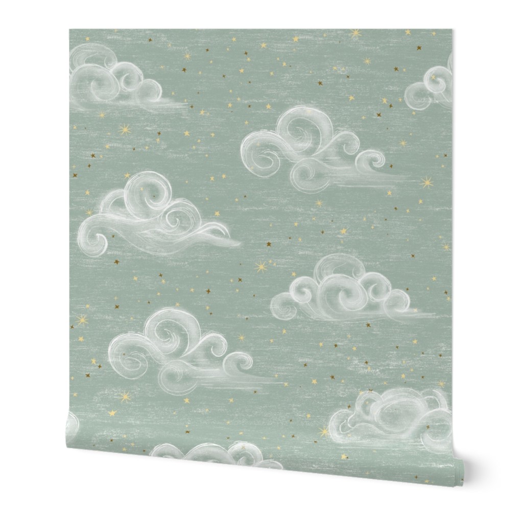 Clouds Large, on mint pastel color or soft jade sky with stars