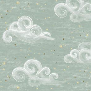 Clouds Large, on mint pastel color, ash gray sky with stars, nursery , wallpaper ,  gender neutral wallpaper, hand drawn, whimsical, gender neutral nursery, unisex kids, baby girl, baby boy, wallpaper, baby shower, light soft jade