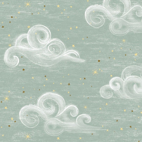 Clouds Large, on mint pastel color // soft jade sky with stars, nursery , wallpaper,  gender neutral wallpaper, hand drawn, whimsical, gender neutral nursery, unisex kids, baby girl, baby boy, wallpaper, baby shower, light soft jade